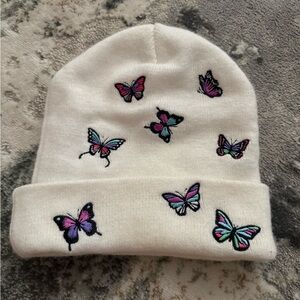 Butterfly Embroidered Beanie - White